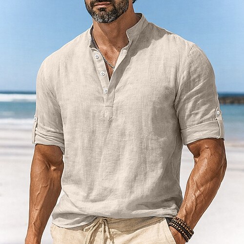 Herren Leinenhemd Popover-Hemd Freizeithemd Strandhemd Stehkragenhemd Einfach Lässig Strand Schwarz Weiß Rosa Orange Langarm Henley Frühling Sommer Sommer Bekleidung Knöpfe Image