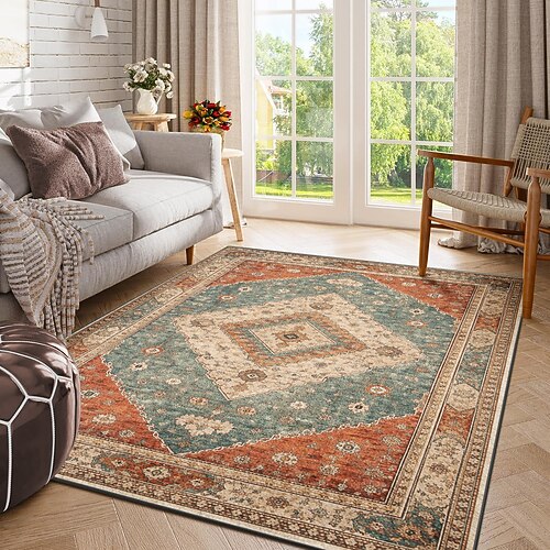 Teppich im Bohème-Stil, türkis Rostfarben mit aufwendigem Medaillonmuster, ideal für eine gemütliche Wohn- oder Schlafzimmerdekoration Image