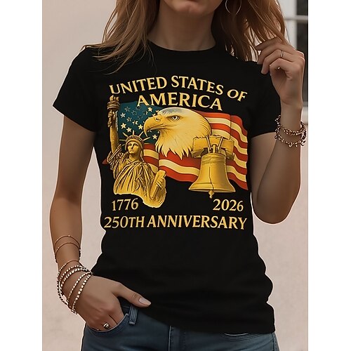 Unabhängigkeitstag Amerikanisches Jubiläum Patriotisches Damen T-Shirt Grafik Nationalflagge Vintage Stilvoll Klassisch Kurzarm Crew-Neck Rundhals Täglich Wochenende Print Blau Image