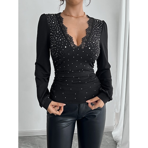 Damen Oberteil mit Spitzenspleiß Spitze Strass Geraffte Seite Stilvoll Sexy Langarm V Ausschnitt Normale Oberteile Party-Abendmode Wochenende Schwarz Sommer Frühling Herbst Image