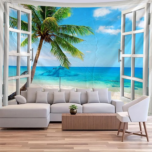 3D-Wandteppich mit Fensterblick, tropischer Strand- und Meereslandschaft, Palmen, künstlichem Fenster, Wanddekoration für Wohnzimmer und Schlafzimmer Image