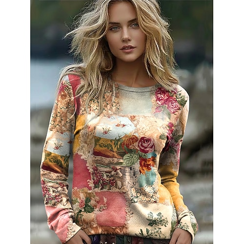 Damen Boho T-Shirt Grafisch Vintage Mode Stilvoll Langarm Rundhals Reguläre Oberteile Täglich Wochenende Druck Pink Lila Hellblau Sommer Frühling Image