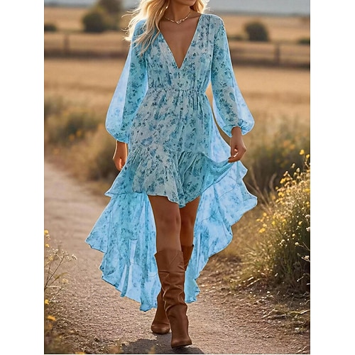 Damen Maxi-Kleid Boho A-Linien Kleid Lässig Outdoor Ausgehen Lockerer Sitz Floral Langarm V-Ausschnitt Blau Beige Sommer Frühling Herbst Image