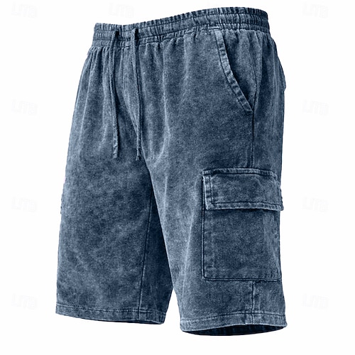 Herren Shorts Freizeitshorts Acid Wash Shorts Kordelzug Elastischer Bund Mehrere Taschen Einheitliche Farbe Komfort Atmungsaktiv Knielang Täglich Streetwear Urlaub Mode Vintage-Retro Blau Schwarz Image