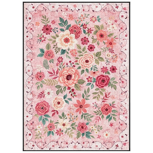 Dekorativer Teppich mit rosa Rosen- und Blütenrankenmuster, weicher Teppich für Wohnzimmer, Schlafzimmer und andere Wohnräume Image