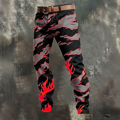 Herren Optische Täuschung Flamme Hose Anzughose Mittlere Taille Lässig Outdoor Urlaub Slim Fit Hose mit Taschen Frühling Herbst 3D-Druck Schwarz / Blau Schwarz / Grün Schwarz / Rot Image