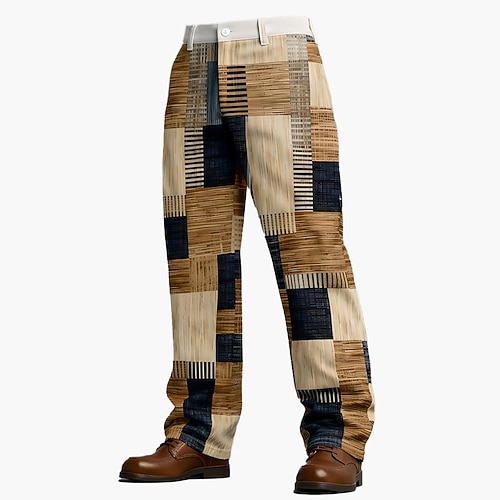 Herren Geometrisch Farbblock Patchwork Hose Anzughose Mittlere Taille Lässig Outdoor Alltagskleidung Relaxed Fit Anzughose mit flacher Vorderseite und Seitentaschen Frühling Herbst 3D-Druck Dunkelrot Image