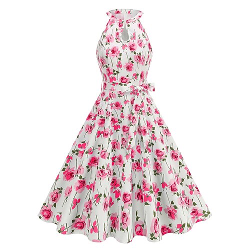 Elegant Klassisch 1950er Midlänge A-Linie Kleid Swing-Kleid Ausgestelltes Kleid Ärmellos Blumen A-Linie Kostüm Damen Karneval Valentinstag Maskerade Urlaub Alltagskleidung Image