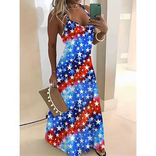 Unabhängigkeitstag Patriotisches Shirt Damen Maxikleid A-Linie Kleid Slip Kleid Urlaub Lässig Ausgehen Regelmäßige Passform Grafik Flagge Ärmellos V-Ausschnitt Spaghettiträger Blau Marineblau Image