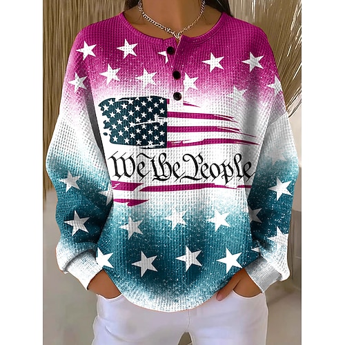 Unabhängigkeitstag Patriotisches Shirt Damen Hoodies Grafik Buchstabe Mode Lässig Print Lange Ärmel Rundhals Reguläre Oberteile Lässig Straße Knöpfe Blau Gelb Rot Lila Frühling Herbst Winter Image