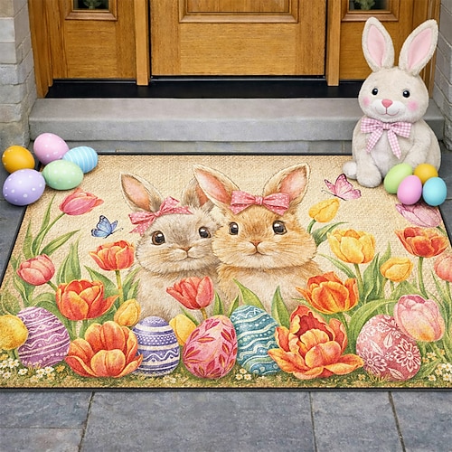 Oster-Fußmatte mit Hasenpärchen und rosa Schleifen, umgeben von leuchtenden Tulpen und Deko-Eiern – die perfekte festliche Frühlings-Willkommensdekoration. Image