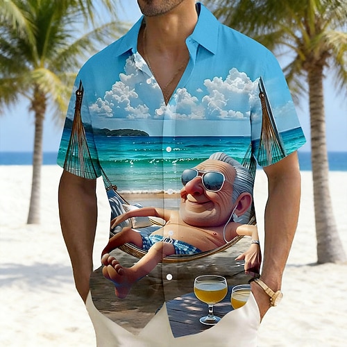 Herren Cartoon Alter Mann Hemd Sommer Hawaiihemd Knopfhemd Kurzarm Lustig Urlaub Ferien Strandbekleidung Sommer Frühling Umlegekragen 3D-Druck Leinenähnliches Hemd Blau Image