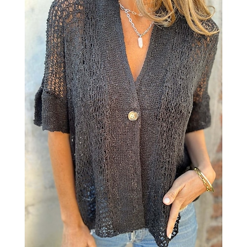 Damen Hemd Bluse Lochmuster Einfach Vintage Stilvoll Kurzarm V Ausschnitt Normale Oberteile Crop Tops Täglich Ferien Ausgehen Schwarz Weiß Rosa Braun Grün Sommer Frühling Image