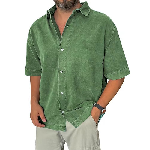 Herren Hemd Freizeithemd Knopfhemd Acid-Wash-Shirt Blau Schwarz Rosa Marineblau Purpur Kurzarm Einfach Revers Lässig Täglich Bekleidung Mode Retro Vintage Bequem Image