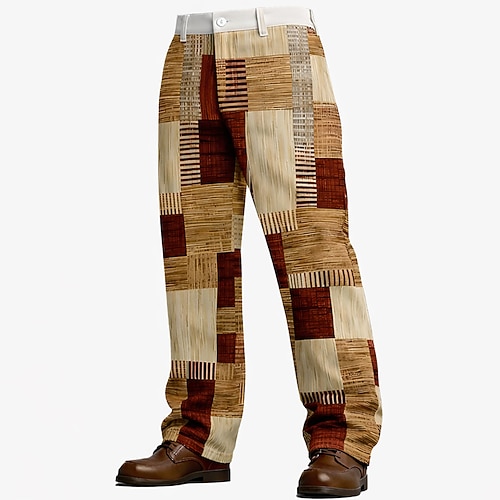 Herren Geometrisch Farbblock Patchwork Hose Anzughose Mittlere Taille Lässig Outdoor Alltagskleidung Relaxed Fit Anzughose mit flacher Vorderseite und Seitentaschen Frühling Herbst 3D-Druck Dunkelrot Image