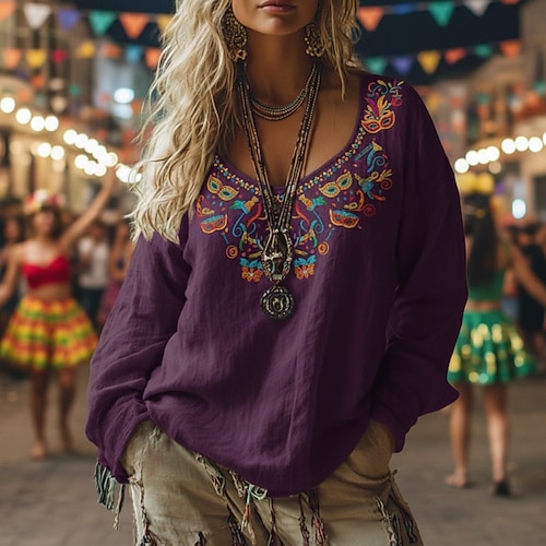 Karnival Karneval Damen Boho-T-Shirt T Shirt T-Shirt Druck Grafik Vintage Ethnisch Lässig Langarm V Ausschnitt Normale Oberteile Täglich Wochenende Urlaubskleidung Lavendel Purpur Violett Frühling Image
