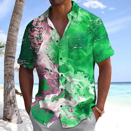 Herren Marmor Abstrakte flüssige Kunst Farbblockierung Hemd Sommerhemd Knopfhemd Kurzarm Modisch lässig Outdoor Urlaub Alltagskleidung Sommer Frühling Umlegekragen 3D-Druck Hemden mit Kragen Eine Image