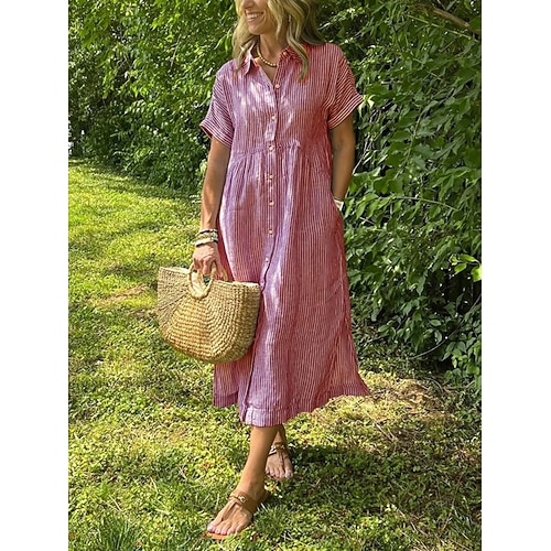 Damen Midikleid A Linie Kleid Urlaub Lässig Outdoor Ausgehen Lässiger Schnitt Gestreift Kurzarm Umlegekragen Blau Weiß Rote Purpur Sommer Frühling Herbst Image