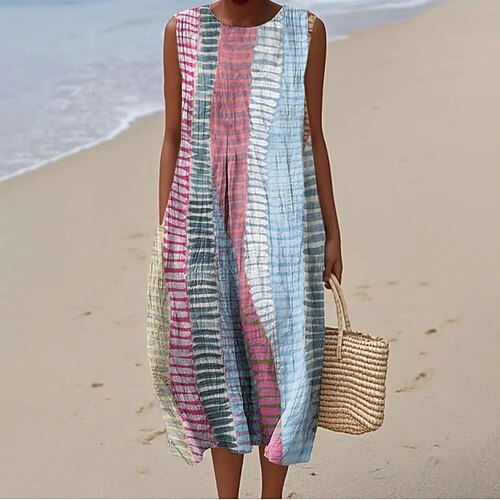 Damen Midi Kleid Leinenähnliches Maxikleid Shift Kleid A-Linie Kleid Urlaub Casual Boho Strand Ausgehen Lockerer Sitz Grafik Geometrisch Ärmellos Rundhals Blau Sommer Frühling Image