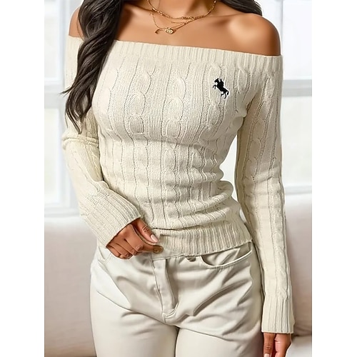 Damen Rippstricktops Bestickt Tiermotiv Mode Lässig Langarm Schulterfrei Crop Tops Täglich Ausgehen Wochenende Schwarz Elfenbein Rosa Grau Frühling Herbst Image