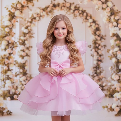 Blumenmädchenkleid Mädchen Formelle Kleidung Hochzeitskleidung Party Hochzeit Formell Mode Niedlich Prinzessin Kleid für die Erstkommunion Patchwork Netz Einfarbig Kurze Ärmel Rundhalsausschnitt Image