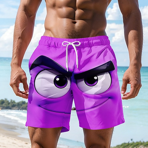 Herren Optische Täuschung 3D Zeichentrick Lächelndes Gesicht Badehosen Badeshorts Boardshorts Mittlere Taille Hawaiianisch Lustig Strandurlaub Seitentaschen Netzfutter Elastischer Kordelzug in der Image