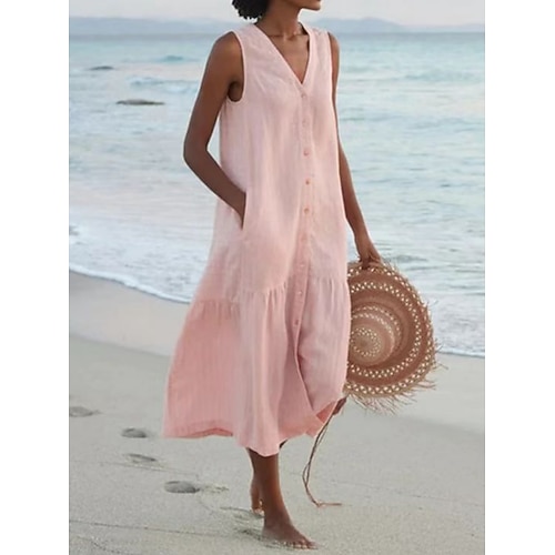 Damen-Midikleid in Leinenoptik, Etuikleid, Sommerkleid, lässig, locker geschnitten, ärmellos, V-Ausschnitt, blau, weiß, hellgrün, rosa, Sommer Image