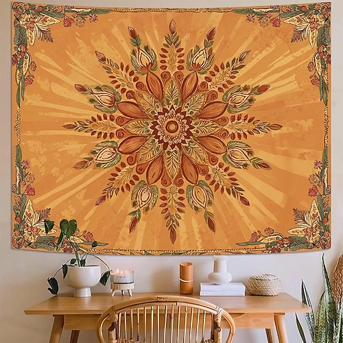Senfgelber Mandala-Wandteppich im Vintage-Boho-Stil mit floralem Muster, großformatig, in Erdtönen gehalten, Wanddekoration, Hintergrundstoff, Poster Image