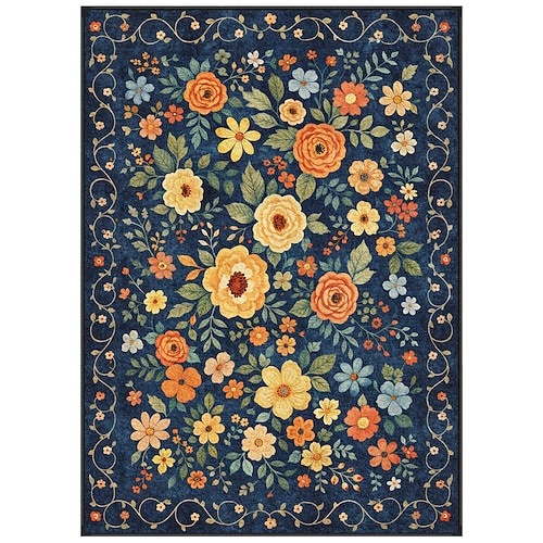 Lebhafter Teppich mit floralem Medaillonmuster, marineblau mit mehrfarbigen Blumen, ideal für ein Wohnzimmer im Bohème-Stil Schlafzimmerdeko Image
