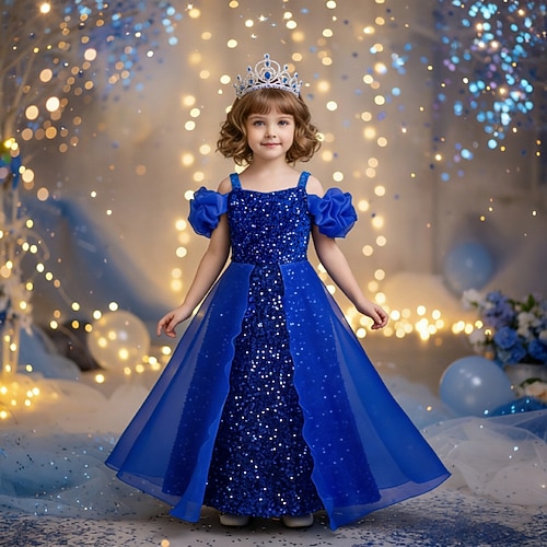Blumenmädchenkleid Mädchen Formelle Kleidung Hochzeitskleidung Party Hochzeit Formell Elegant Mode Prinzessin Pailletten Einfarbig Ärmellos Rundhalsausschnitt Blau Silber Ab 4 Jahren Image