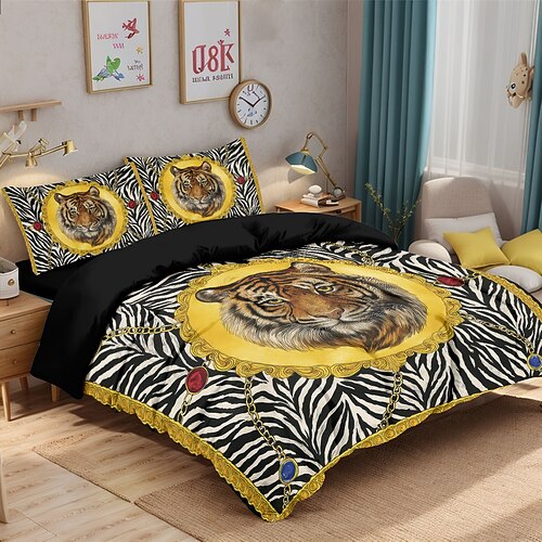 Bettwäsche-Set mit Zebrastreifen und Tigerkopf-Print, 3-teilig im Hotelstil, bestehend aus 1 Bettbezug und 2 Kissenbezügen, weicher Kurzplüsch, ohne Bettdecke. Image