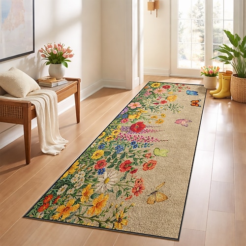 Blumenläuferteppich mit farbenfrohem Gartenblüten- und Schmetterlingsmotiv, langer dekorativer Flurteppich für den Eingangsbereich Image