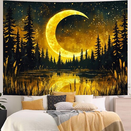 Wandteppich mit Vollmondnachthimmel, verschneiter Berglandschaft, weißem Blumenwald, Sternen und Naturmotiv, großes Stoffbild, Wanddekoration, Hintergrund, Stoffposter Image