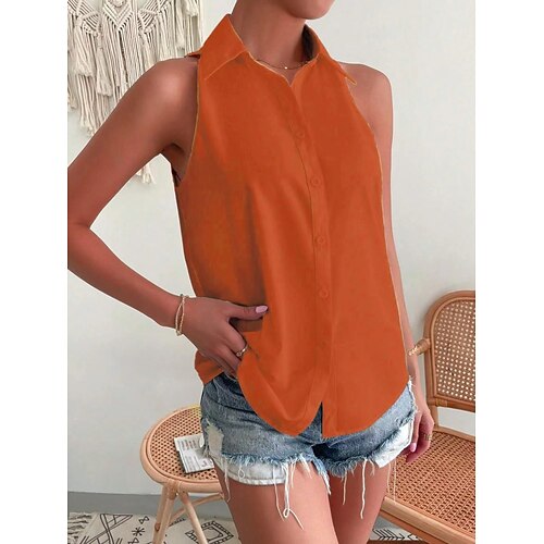 Damen Satinhemd Camp-Kragenhemd Gerafft Einfarbig Elegant Stilvoll Lässig Ärmellos Hemdkragen Normale Oberteile Täglich Schwarz Weiß Purpur Orange Grün Sommer Frühling Image