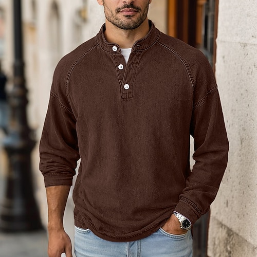Herren T Shirt Henley Hemd Hemd aus 100 % Baumwolle in Säurewaschung T-Shirt Langarm Stehkragen Henley Frühling Herbst Herbst Winter Einfach Vintage Streetwear Lässig Gewaschen Raglanärmel Lässig Image
