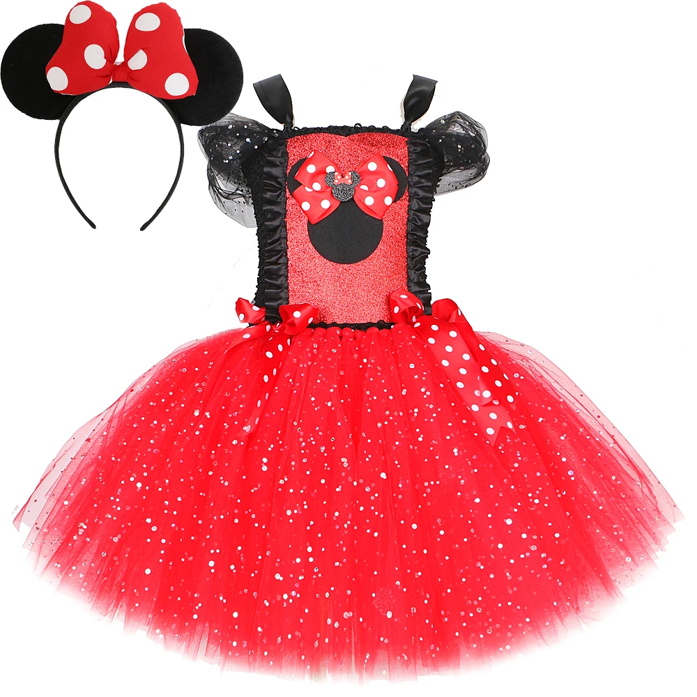 Glitzernde rote Minnie-Prinzessin-Kleider für Babys, Weihnachten, Halloween, Kostüme, Kinder, Cartoon-Maus, Ballett-Tutu-Outfit mit Ohren Image