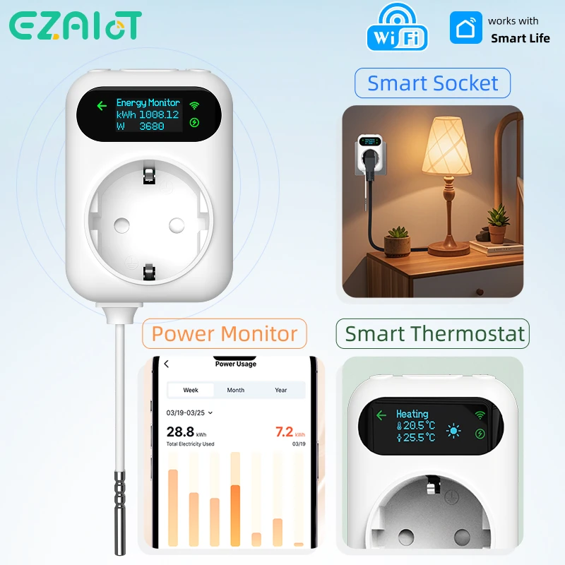 Intelligenter Kühl- und Heizthermostat Tuya WiFi-Steckdose Energieüberwachung EU-Stecker Temperaturregler Sprachsteuerung Google Home Alice Image