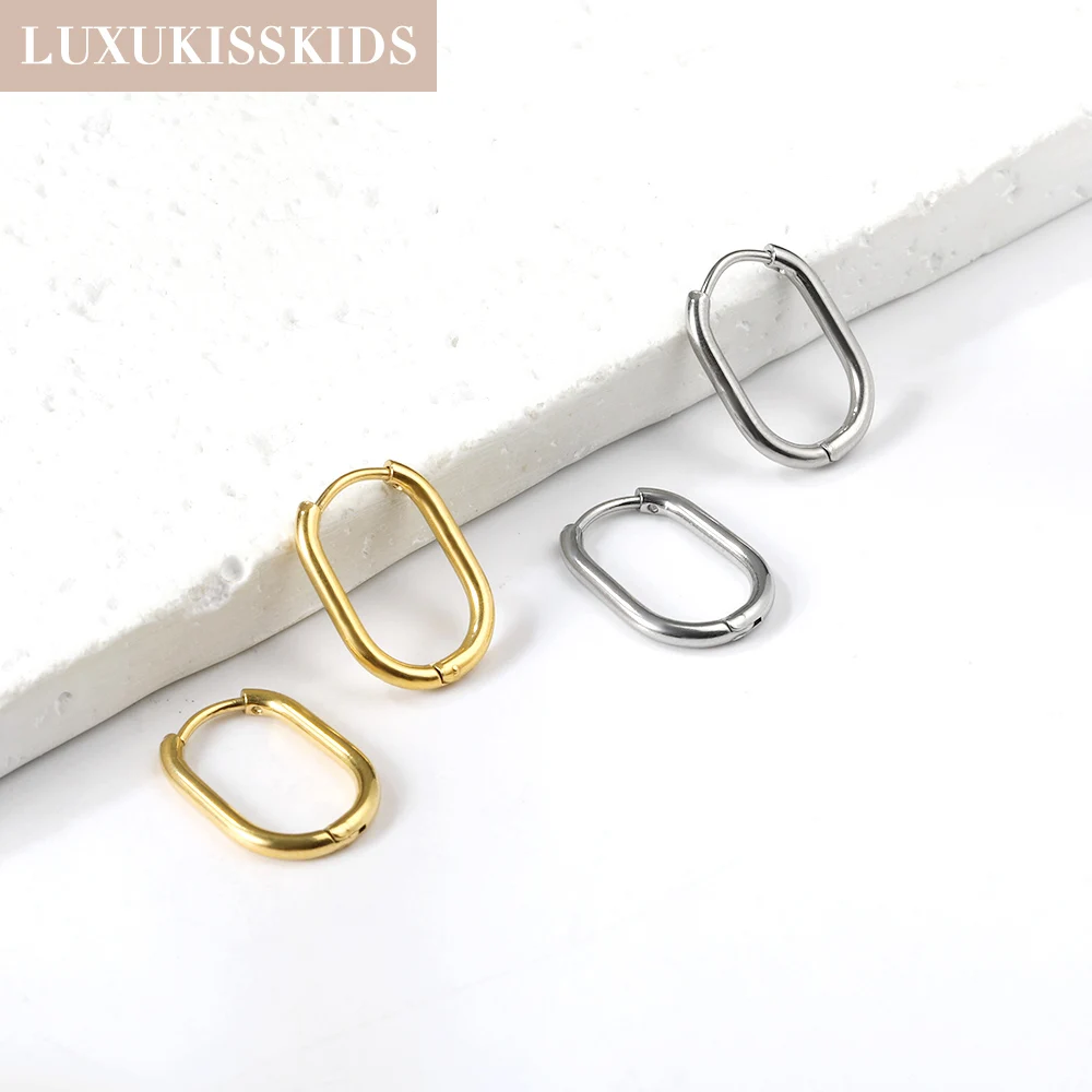 LUXUKISSKIDS Modische ovale Creolen aus Edelstahl, elliptische Form, Silber/Gold, 20 mm, große runde Clips, glattes mentales Ohr