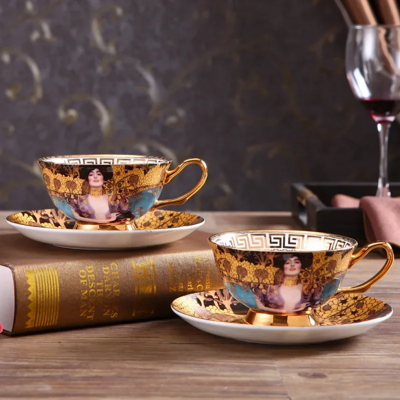 Kaffeetasse und Untertasse Set Klimt Judith Vintage Bone China Cafe Tasse Gustav Porzellan Teetassen mit Löffel Trinkgeschirr Coffeeware Image