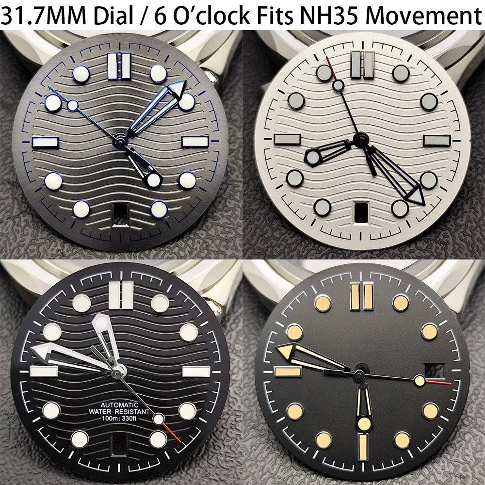 Schwarzes 31,7-mm-Zifferblatt, passend für 6-Uhr-NH35-Automatikwerk mit mechanischem Uhrwerk, NH35-Uhrwerk, grün leuchtendes Zifferblatt, Zeigeruhrenzubehör
