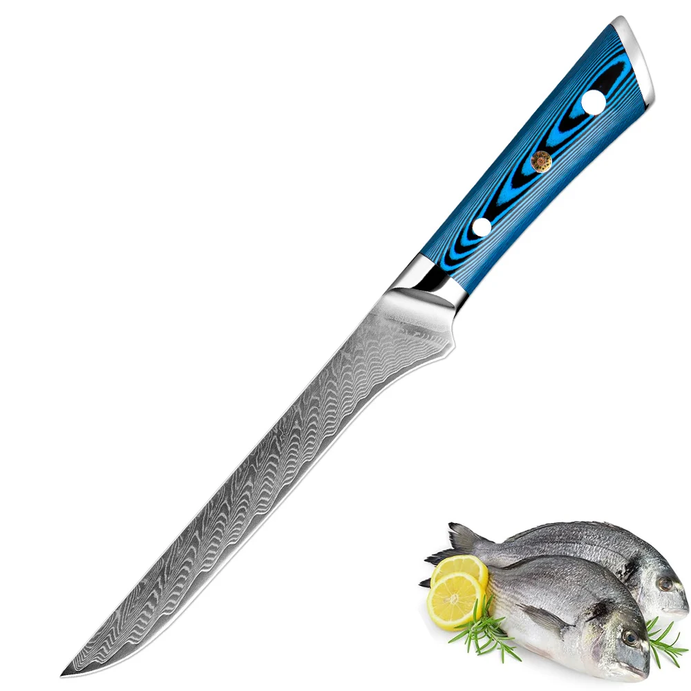 Professionelles Ausbeinmesser, 5,5 Zoll, japanisches Filetmesser aus Damaststahl für Fleisch, Fisch, Deboning, volle Tang-Klinge, Belle-Holzgriff Image