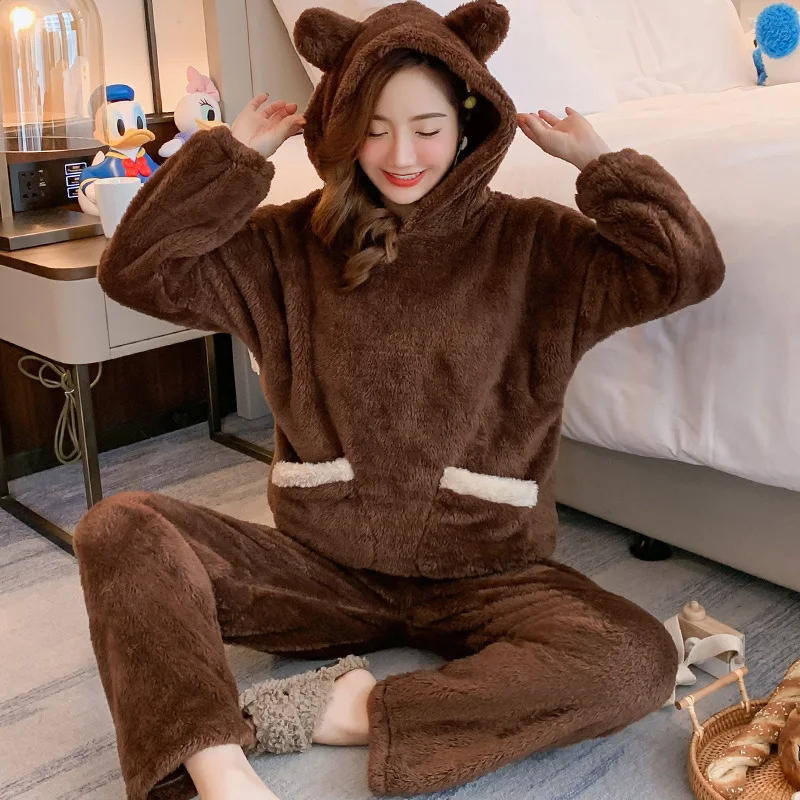Verdickte Warme Herbst und Winter Frauen Cartoon Plüsch Mit Kapuze Bär Nachtwäsche Mädchen Flanell Homewear Laides Korallen Samt Nachtwäsche Image