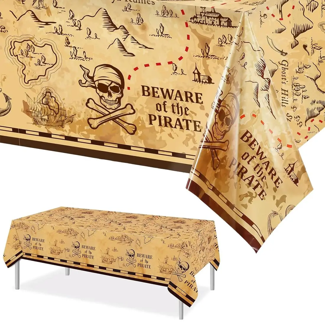Schatzkarten-Design, rechteckige Kunststoff-Tischdecke für Piraten-Schatz-Thema, Party-Dekoration, Abenteuer, Tischdecke, Zubehör Image