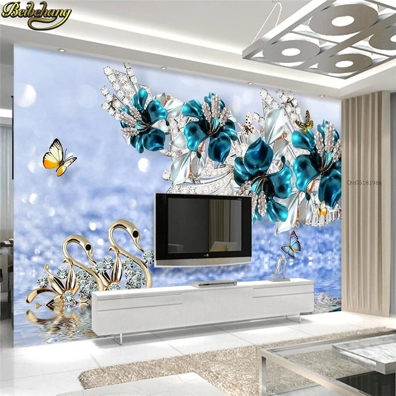 Beibehang Nach Foto Tapete Wandbild Aufkleber Luxus Schwan Blau Blume Wasserzeichen Schmuck TV Wand Hintergrund papel de parede