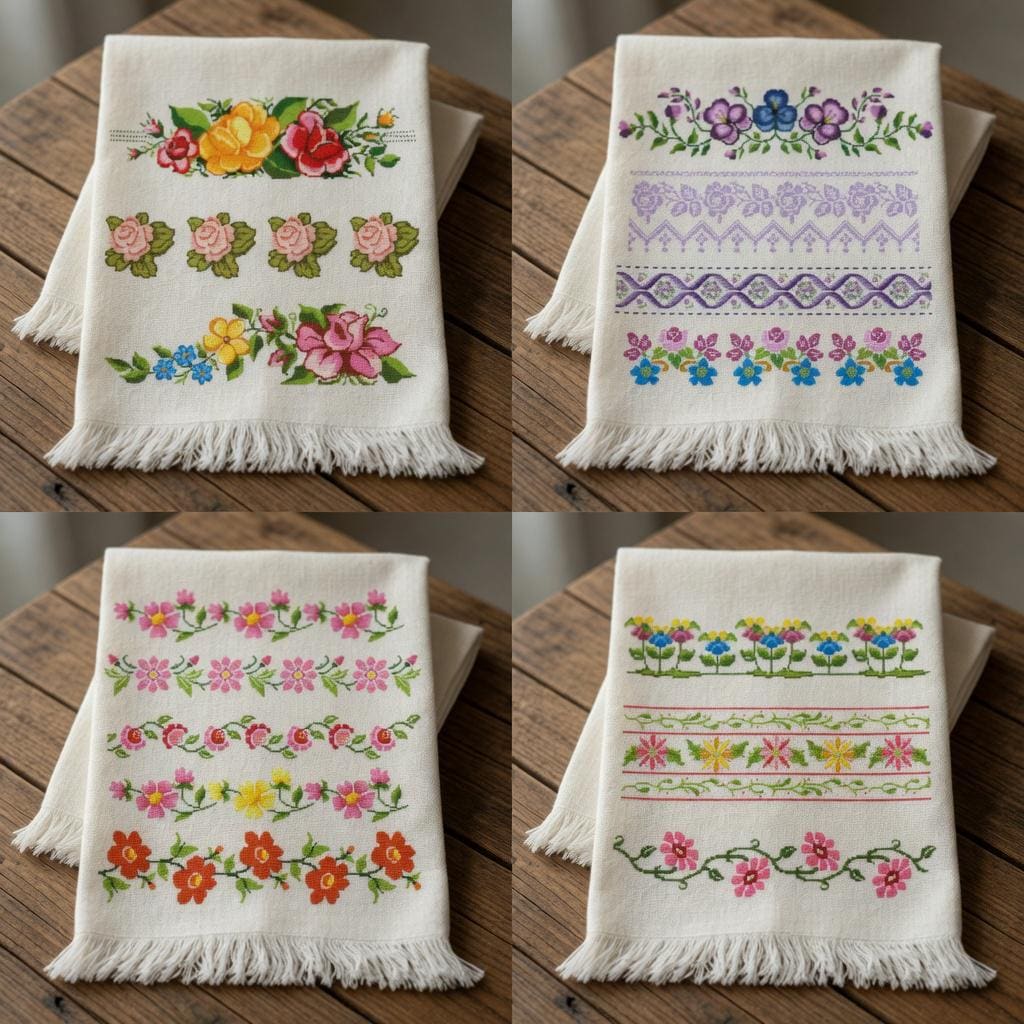 Set di modelli vintage per bordi di asciugamani a punto croce con motivi floreali - Disegni da ricamo per asciugamani da cucina, ricamo retrò in PDF