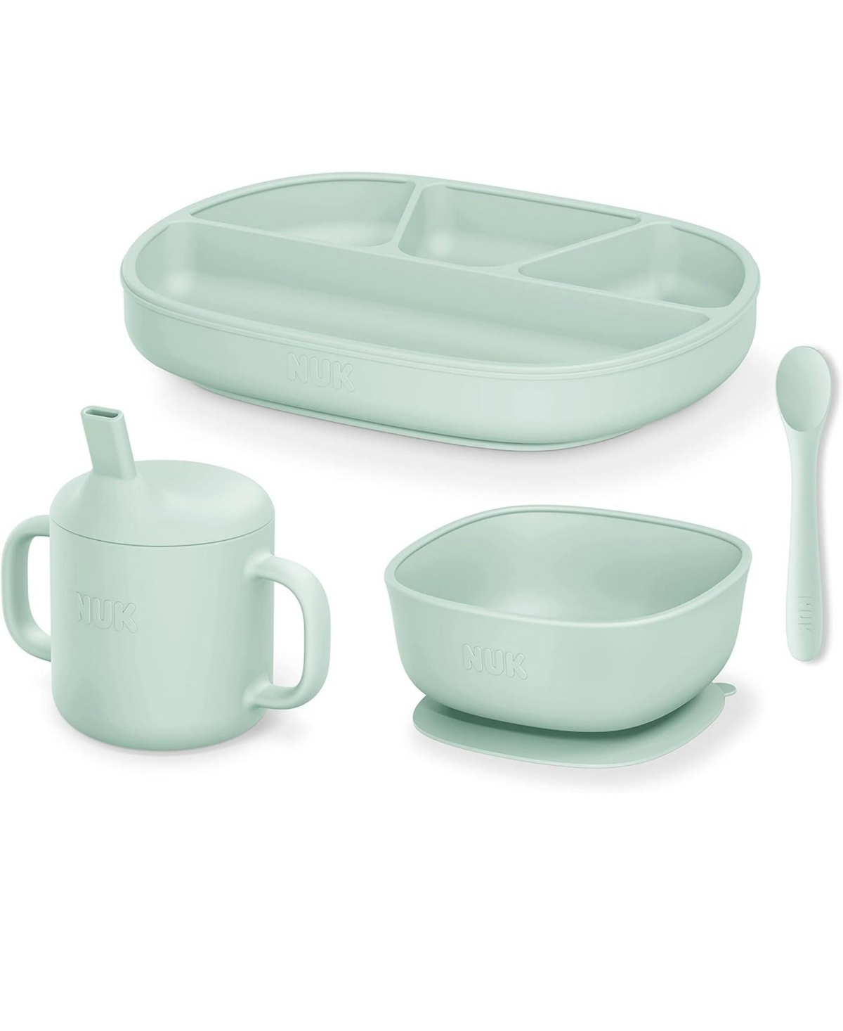 Nuk Unisex 4 Piece Silicone Tableware Set, Plate, Bowl, Cup and Spoon - 6 Months and Up - Pastel Green