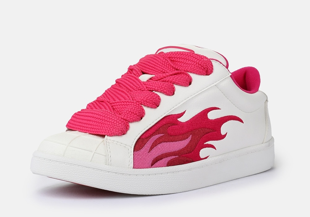 Sneaker BUFFALO "LIBERTY", Damen, Gr. 39, weiß, pink, Lederimitat, kontrastfarbene Details, Schuhe Sneaker, Freizeitschuh, Schnürschuh, Halbschuh mit trendigem Flammenmotiv