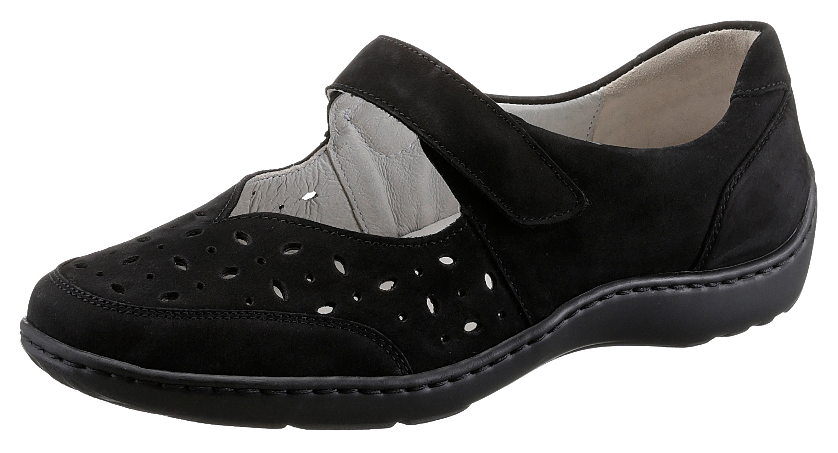 Ballerina WALDLÄUFER "HENNI", Damen, Gr. 10 (44,5), schwarz, Nubukleder, Schuhe Ballerina, Klettschuh, Komfortschuh mit Perforation, H-Weite
