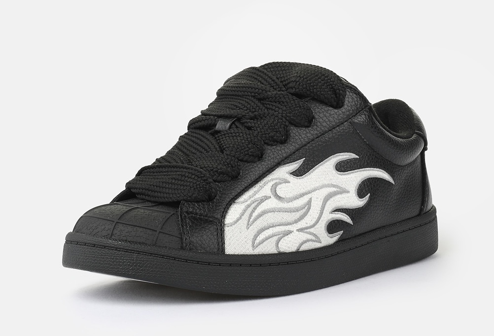 Sneaker BUFFALO "LIBERTY", Damen, Gr. 39, schwarz, weiß, Lederimitat, kontrastfarbene Details, Schuhe Sneaker, Freizeitschuh, Schnürschuh, Halbschuh mit trendigem Flammenmotiv
