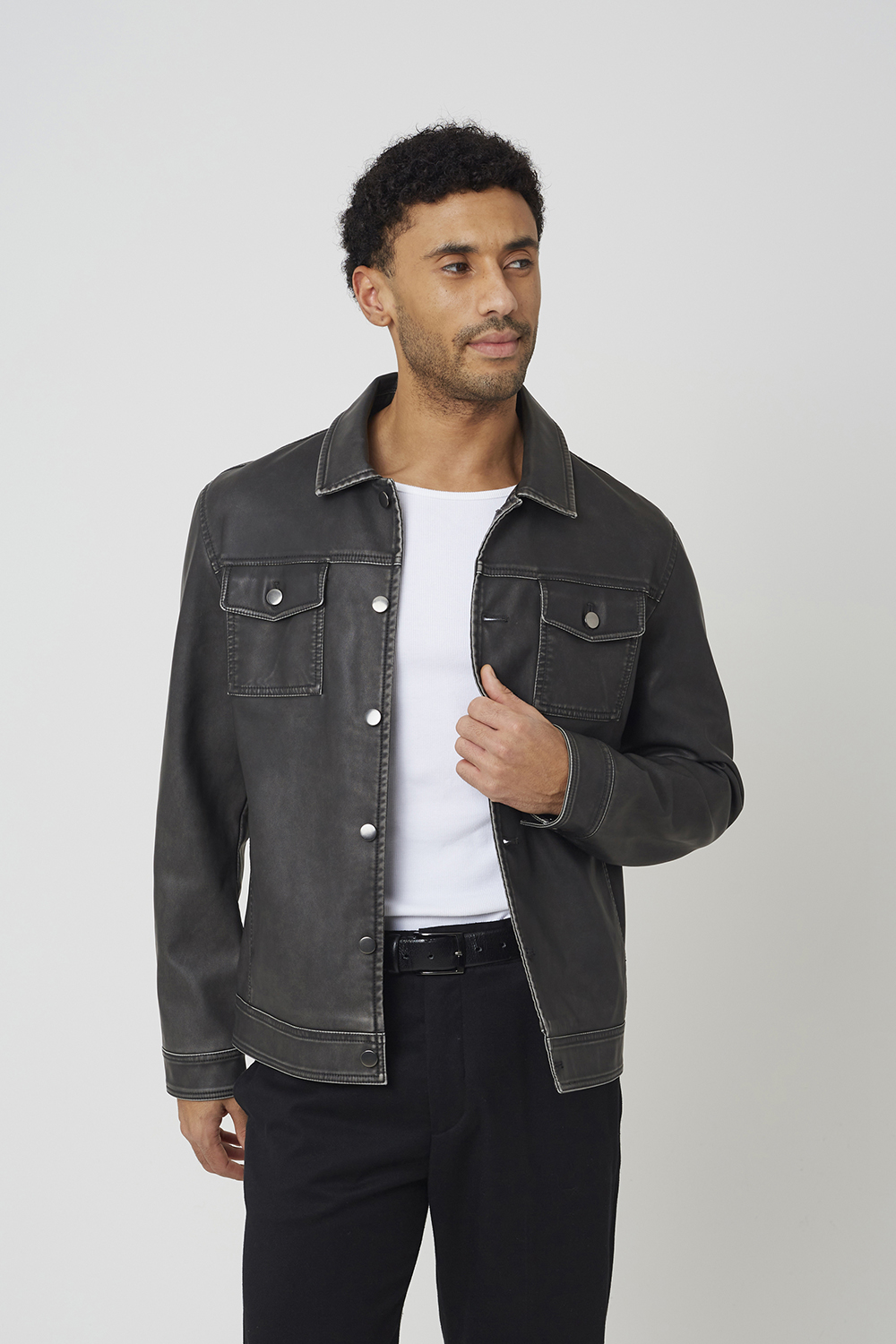 Brave Soul Mens Black Faux Leather Button Through Shacket - Size Medium | Brave Soul Sale | Discount Designer Brands